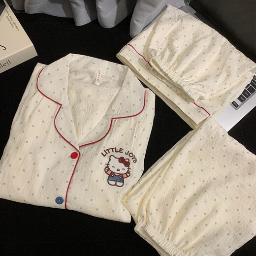 Jingpufei HelloKitty short-sleeved pajamas three-piece set cute Melody cotton silk home clothes Yunduo Cotton-9906# Star Puppy Three-piece set L [Suggested 100-120Jin [Jin equals 0.5 kg]]