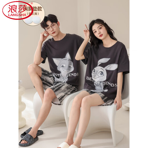 Langsha (Langsha) Pajamas de pijama de algodón puro con almohadilla de cofre mangas cortas para hombres y mujeres nuevos 2025 lindo estilo de dibujos animados gey-687 Fox and Rabbit XL Women's Modelo [120-140Jin [Jin equivale a 0.5 kg]] (con almohadilla de cofre)
