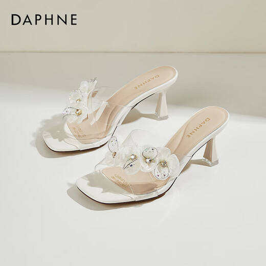 达芙妮（DAPHNE）露趾细跟拖鞋女外穿夏季时尚仙女风气质高跟鞋女凉拖女 米色  36 