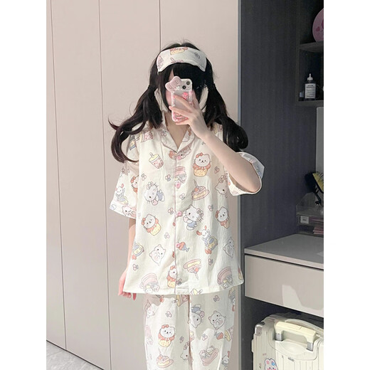 梵妙丽春秋新款睡衣女可爱凯蒂猫少女软妹短袖长裤三件套装卡通家居服夏 WZL-1479【三件套无眼罩】 M 【建议80-100斤】