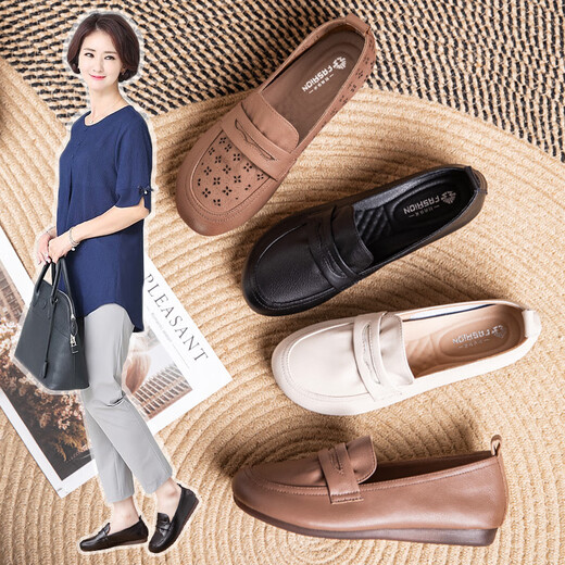 Western camel genuine leather beef tendon soft sole soft surface mother's shoes comfortable middle-aged leather shoes middle-aged and elderly women's shoes summer spring and autumn 677 sandals bean paste color 35