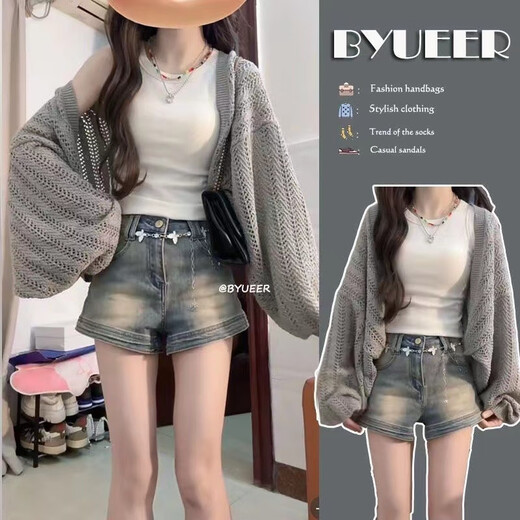 荣西图（RONGXITU）春季温柔系穿搭女一整套2025新款韩版针织开衫背心牛仔短裤三件套 针织开衫【单件】(++胸针一 S  75-90斤(++胸针一枚)