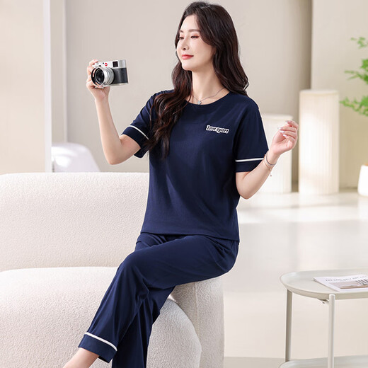 浪莎（LangSha）睡衣女夏季纯棉短袖薄款2025年新款夏天休闲棉可外穿长裤家居服 7374豆沙粉 L 100-120斤