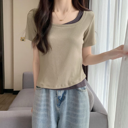 拼接撞色方领黑色短袖假两件女生夏季新款ins内搭打底短款上衣 杏色 【KK-R719】 M