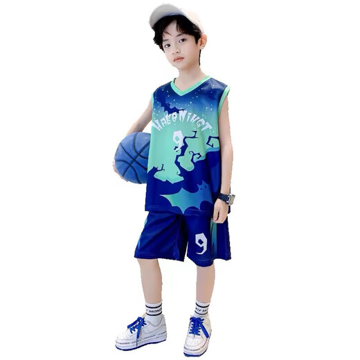 [Jungen Basketball Uniform] Jungen Basketball Uniform Schnelltrocknen Anzug Baby Ärmel und Sommeranzug Kinder Junge Grün 150