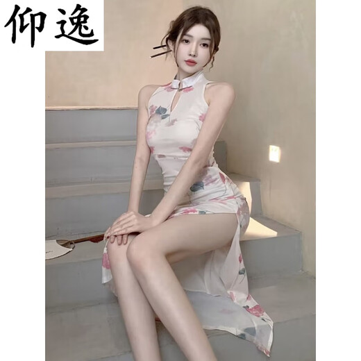 仰逸旗袍中国风性感新中式御姐改良女开春纯欲网纱高开叉包臀挂脖连衣 6197白底荷花 S