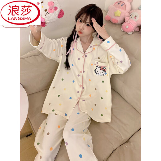 
LangSha pajamas for women in spring and autumn long sleeves cute and sweet 2025 new high-end home clothing summer suit for outdoor wear 6173 lapel polka dot cat XL