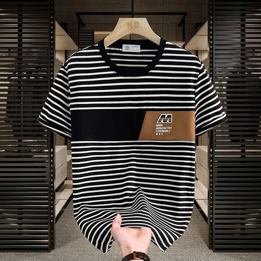 
Commander Bear 2025 short-sleeved T-shirt trendy striped men's versatile top white breathable sweat-absorbing cotton 9898 M