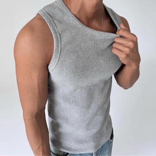 I am David gray quick-drying vest men's summer American thread elastic slim knitted t-shirt sports fitness training T-shirt gray L