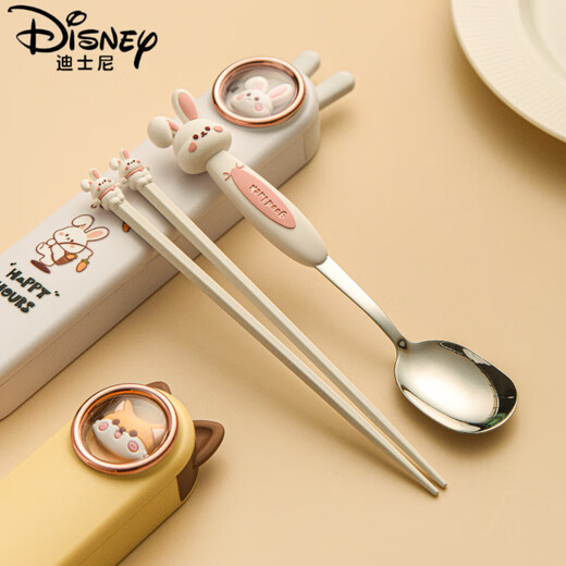 迪士尼（Disney）可爱便携餐具盒勺筷套装316不锈钢单人学生两件套卡通高颜值儿童 316钢勺+(合金筷)套装【呆萌熊】