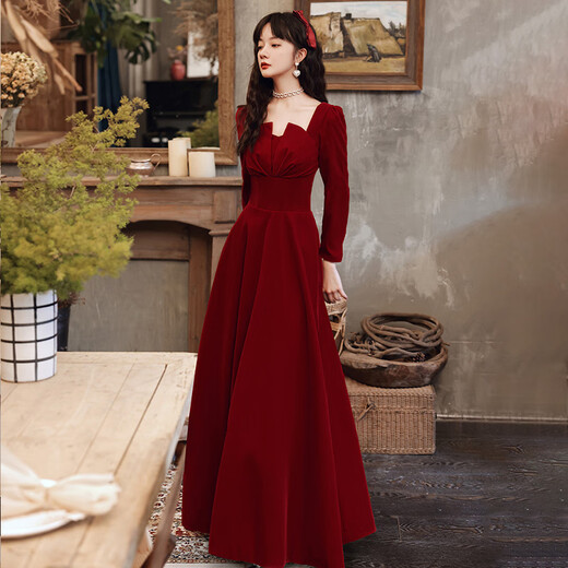 韩菲奴敬酒服酒红色2025新款新娘结婚便装订婚晚礼服显瘦连衣裙平时可穿 缎面长款中袖 酒红色：春夏款 L