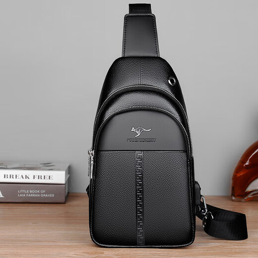 Kangaroo Herren-Crossbody Chest-Tasche echte Leder-Leder-Kopfschicht Kuhleder Leder One-Shoulder Lederbeutel Herren Ins Small Cross Bag Boy's Chest Bag Black 7029 Real Leder