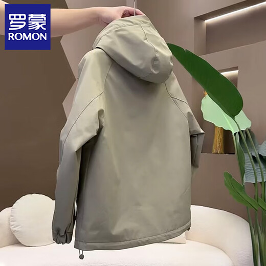 Romon Jacket Men's 2025 Spring and Autumn New Men's Hooded Loose Jacket Fashionable Popular Windproof Work Clothes Khaki Green XL 135-155Jin Jin is equal to 0.5 kg