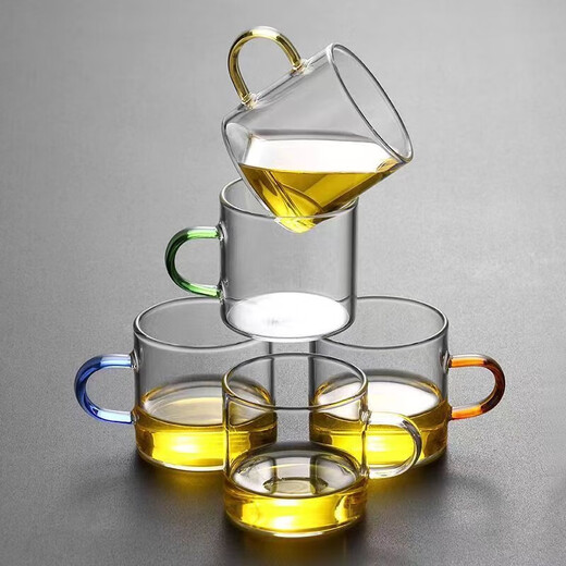Six-color tea cup with cup holder, thickened heat-resistant glass tea cup and water cup with handle, Kung Fu tea set, tea storage, six-color tea cup (6 pieces) + bamboo cup holder 100ml