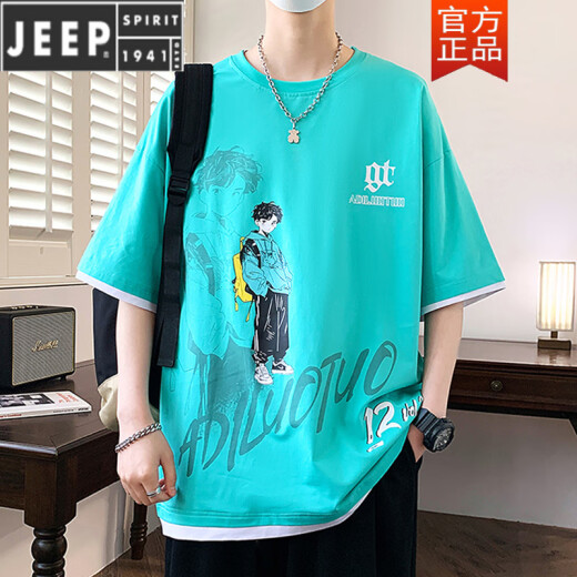 JEEP SPIRIT cartoon printed pure cotton teen short-sleeved t-shirt for men trendy handsome 2025 new summer half-sleeved t-shirt 695 black M about 80-100 Jin [Jin equals 0.5 kg] can be worn
