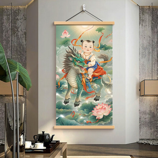 麒麟送子挂图麒麟子装饰年画海报麒麟子图富贵吉祥结婚童子画卧 11151麒麟送子图A 宽60CM*高120CM 色框+高清油