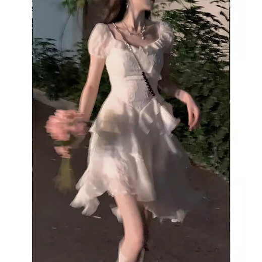 
Hao'e French tea break white dress for women with irregular ruffles 2025 spring and summer seaside pure slim princess dress white short style [including inner zipper] M