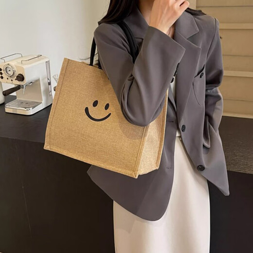 Xingxi Canvas Bag Women's Handbag 2025 New Large Capacity Linen Handbag Women's Ins Work Commuting Tote Bag Portable Linen Bag Smiley Face Large