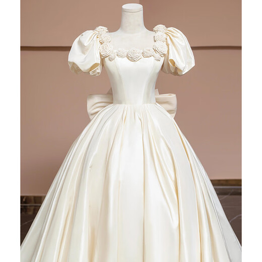 Kang Meishi's satin French light wedding dress 2025 new style bride small-sensing white puff sleeve main yarn white wedding dress XL