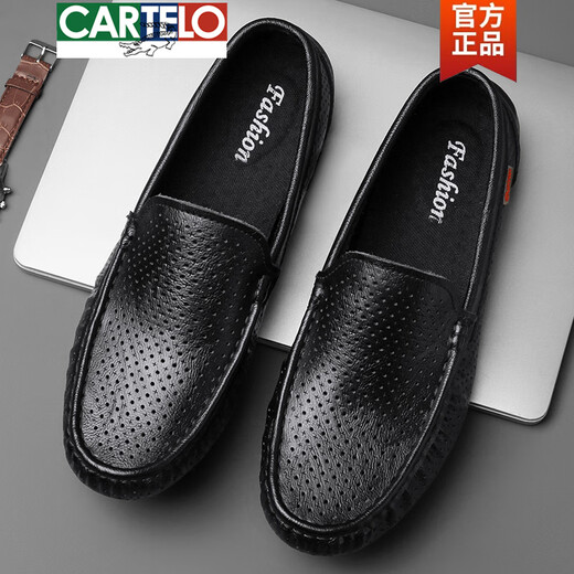 Cartelo High-End-Marke Lederschuhe für Männer echtes Leder Sommer Hollow Bohnenschuhe für Männer lässig Soft Soft Soft Leder ein Fuß faule Schuhe 9901 Black Hollow 38