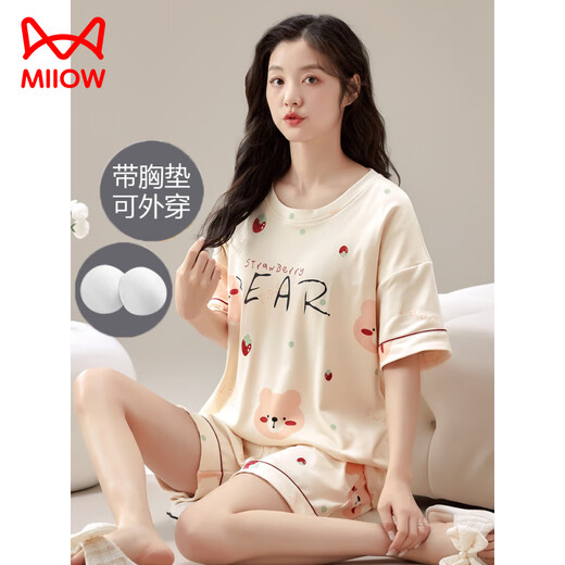 猫人（MiiOW）夏季自带胸垫一体大码短袖睡衣套装家居服棉女可外穿夏天学生韩版 OZM-B1502 M (建议75-95斤)