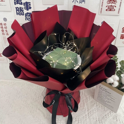潮思汇花束外壳半成品免包手工创意DIY包装零食礼物满天星纸巾鲜花送人 【橙色】高50cm-花束空包装 送花筒+花泥+30根竹签+胶带+灯串