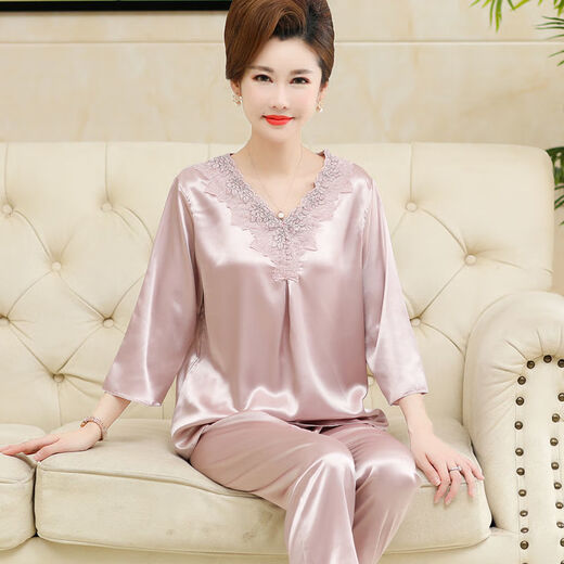 莫代尔春夏季中年妈妈睡衣女秋冰丝可外穿婆婆丝.绸薄款中老年人两件套 ARM684银 2XL 建议【120-145斤】