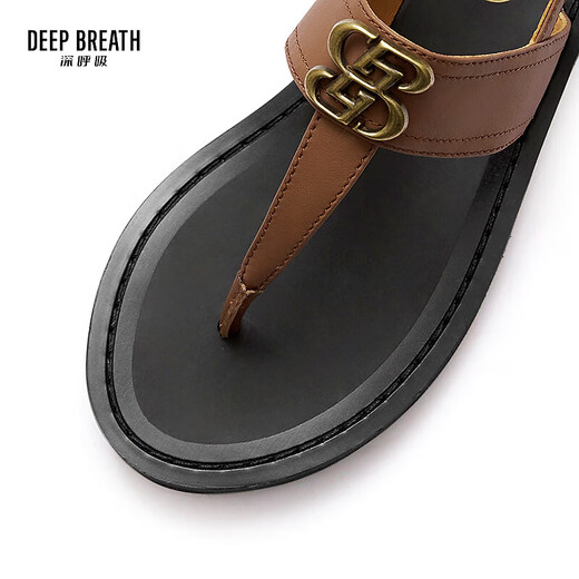 DEEP BREATH Deep Breath Women's Shoes Cowhide T-String Flat-Soled Vacation Style Fit Sandals Women's Shoes AX14117 Brown 37