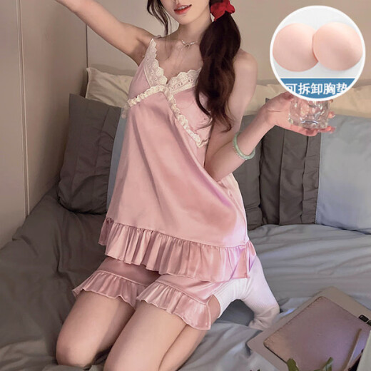 仙僖俫夏季新款带胸垫吊带睡衣家居服薄款蕾丝花边套装 JDX-9221#【粉色】 170 M