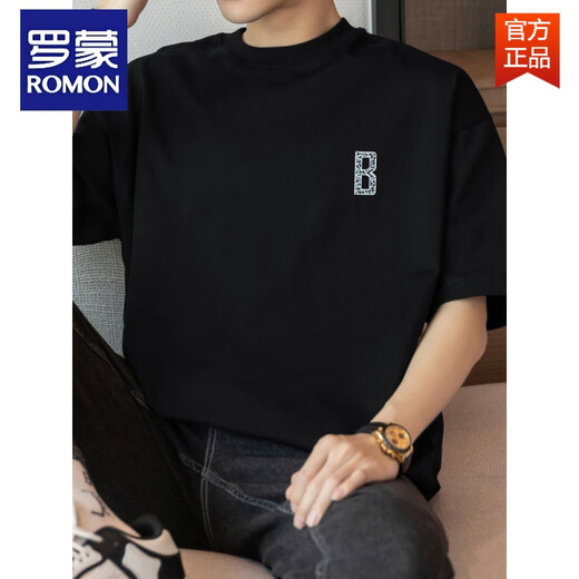 Romon (Romon) 260G Herren kurzärmeliges T-Shirt für sommerliche harte, reine Baumwoll-Hals-Top-Trendy-Baumwoll-Halbärmel-T-Shirt M09-963 Black S (geeignet für 80-100jin [Jin gleich 0,5 kg]))