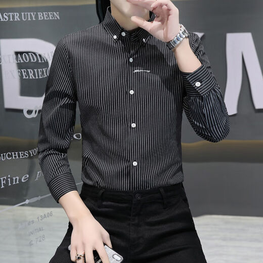 
FHHUABD spring and autumn casual long-sleeved shirt for men's anti-wrinkle slim-fit inch shirt trendy business new style shirt for men 829 black [model] Regular M Reference 90-110Jin [Jin equals 0.5 kg]
