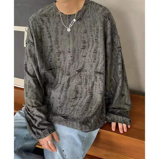 Jingpu Feishen rasgada camiseta de manga larga Camisa de base de diseño suelta y hermosa de los hombres JCF 695 Gray M [Collection and Sigue los calcetines de la tienda]