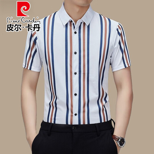 皮尔卡丹（pierre cardin）高档桑蚕丝短袖衬衫男士夏季新款潮流条纹弹力休闲商务免烫衬衣潮 白色 【高档短衣袖688】 L 170115-130斤