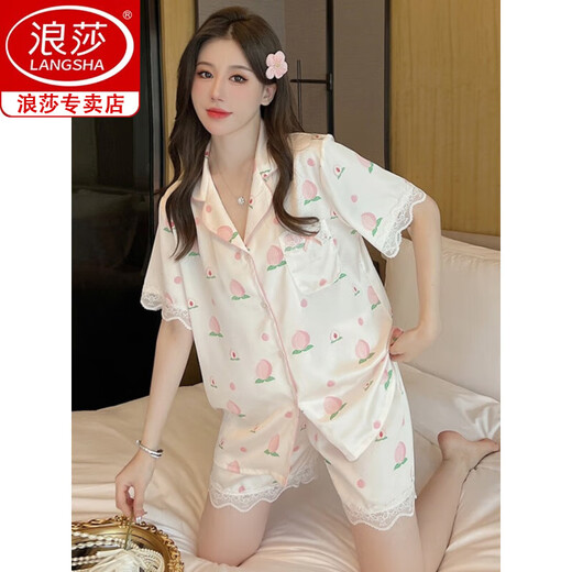 浪莎夏季睡衣女冰丝短袖长裤高级感甜美水蜜桃夏天薄款丝.绸两件套装 FS_9905#开衫短长 水蜜桃 M
