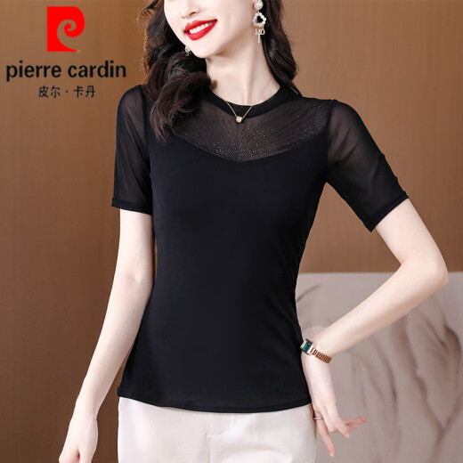 Pierre cardin mesh base shirt for women short-sleeved T-shirt for women 2025 new summer black mother l mother dress shirt slim lace top black (short-sleeved style) 1390# 2XL
