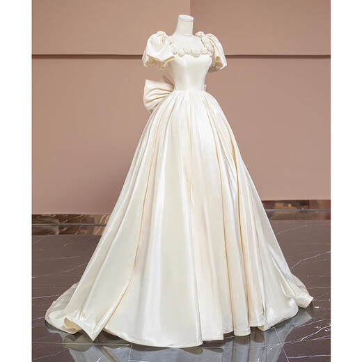 Kang Meishi's satin French light wedding dress 2025 new style bride small-sensing white puff sleeve main yarn white wedding dress XL