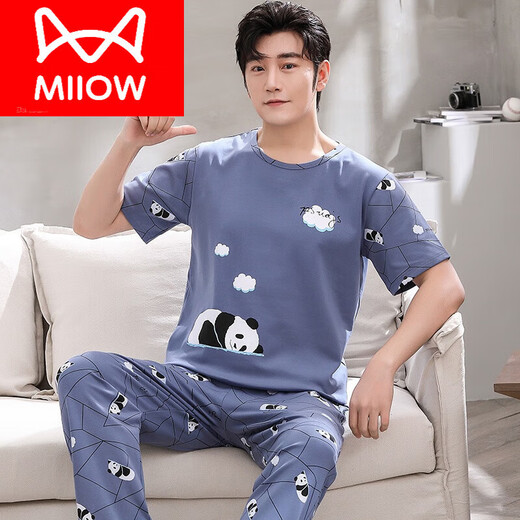 猫人（MiiOW）夏季初中生睡衣男夏男童短袖长裤纯棉薄款男孩大童夏天卡通家居服 情短长3519白龙猫男 M 少年(65-80斤)