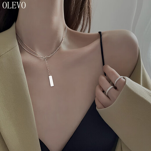 OLEVO韩版双层不对称项链女复古时尚气质方形锁骨链创意小众女新款饰品 XL1278