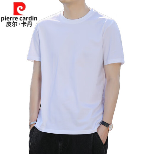 皮尔卡丹（pierre cardin）100%纯棉短袖t恤男士白色体恤2025夏季薄款宽松半袖圆领上衣男装T 大气黑色 1518 S 165 【适合120斤以下】