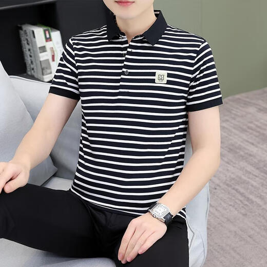夏季条纹男士短袖体恤纯棉休闲百搭polo衫男装中年带 黑白 QY753 2XL 【建议145-160斤】