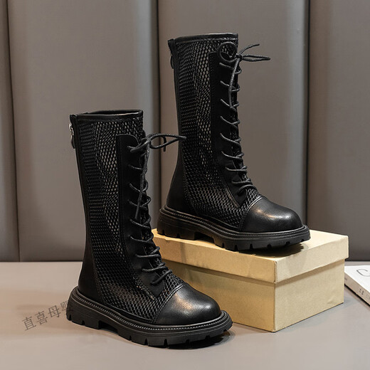 Directly happy children's boots for girls' summer new hollow high boots performance model show white Martin boots student boots black 30 inner length 18.5cm