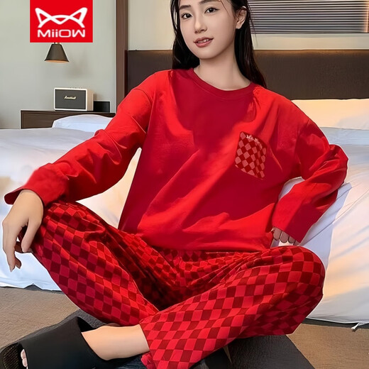 Catman Miiow Pyjamas für das Jahr der Nation, Lady Pure Cotton Frühling und Herbst Langarm Schlangejahr Big Red Herbst und Winter Voller reines Baumwoll-Kleidungsstück 9221 (brustfreies Baumwoll) L [vorgeschlagen 105-120jin [Jin gleich 0,5 kg]]