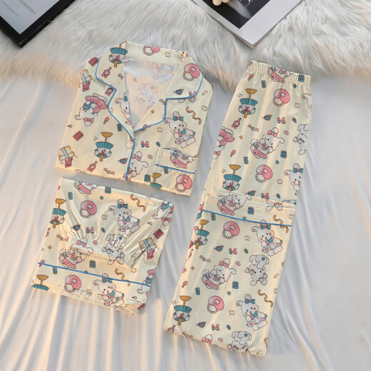 Pajama de primavera y verano de Hanrui para mujeres seda de seda de leche de dibujos animados de tres piezas ropa casera 14124 170 m