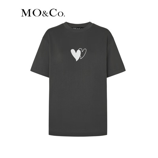 MO&Co.爱心印花圆领短袖宽松纯棉T恤美式复古上衣上装基础黑白灰 古堡灰色 S 160