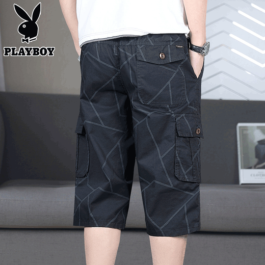 花花公子（PLAYBOY）多口袋装短裤男士夏季薄款宽松直筒半截中裤子潮流休闲七分裤 725黑蓝 4XL
