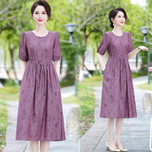 Woodpecker Temperament Ice Silk Tire Robe 2025 Été Nouveau style Mère d'âge moyen M Mère Mère à la mode courte à manches courte de la jupe féminine sur le genou 679 Purple XL Recommandé 90-115Jin [Jin est égal à 0,5 kg]