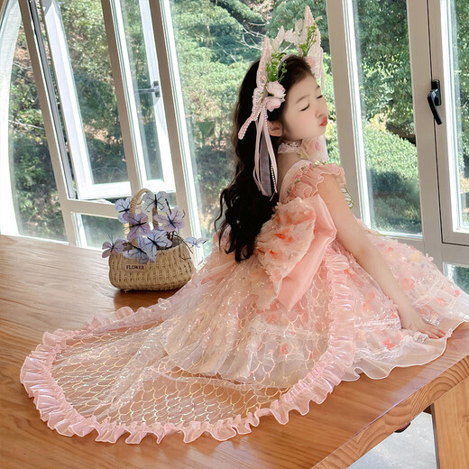 Ant-Patio Girl Princess Lolita Dress 2025 New Summer Children's Flower Fairy Dress Girl's Birthday Dress Pink (6630 Flower Fairy Dress) 150 Recommended for 9-10 years old (height about 145)