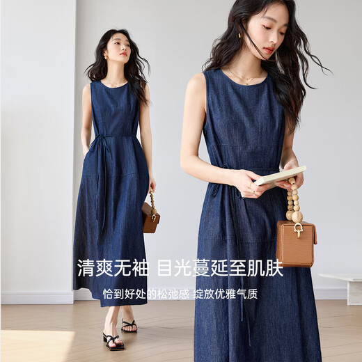 梵希蔓气质优雅牛仔连衣裙女2025年夏季新款宽松显瘦圆领无袖长裙 M9766 牛仔蓝 L
