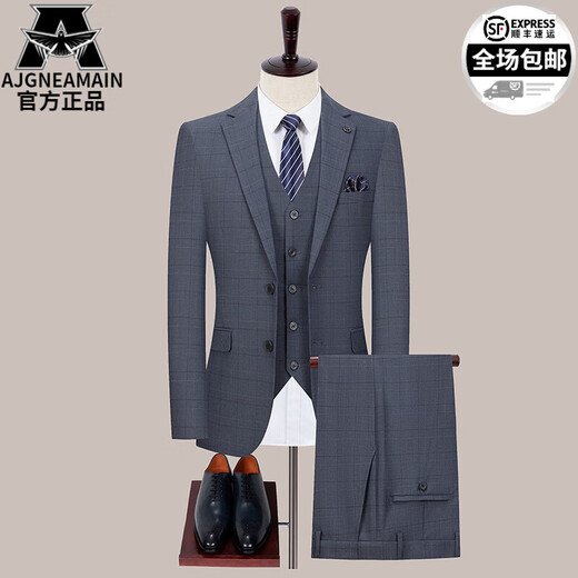 AJGNEAMAIN意大利轻奢品牌条纹西服套装男商务休闲正装西服外套新郎结婚礼服 6173-黑条【两扣双开叉三件套】 S 165/84A 44码