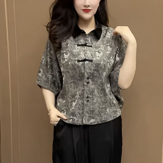 瓷袖广东普宁衬衫女2025新款中老年洋气中国风印花polo领中年妈妈夏季 红色-6636 L 建议95-105斤